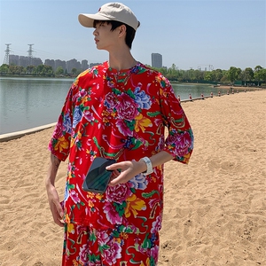 TZ340男士春夏风大花布套装大码宽松凉爽透气民族风个性外套图片