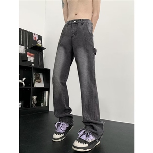 美式复古工装牛仔裤男士潮牌炸街直筒阔腿毛边裤脚拉链Y2013-P55图片