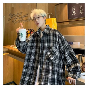 CS322日系黑白格子衬衫男美式复古长袖衬衣设计感潮牌外套图片