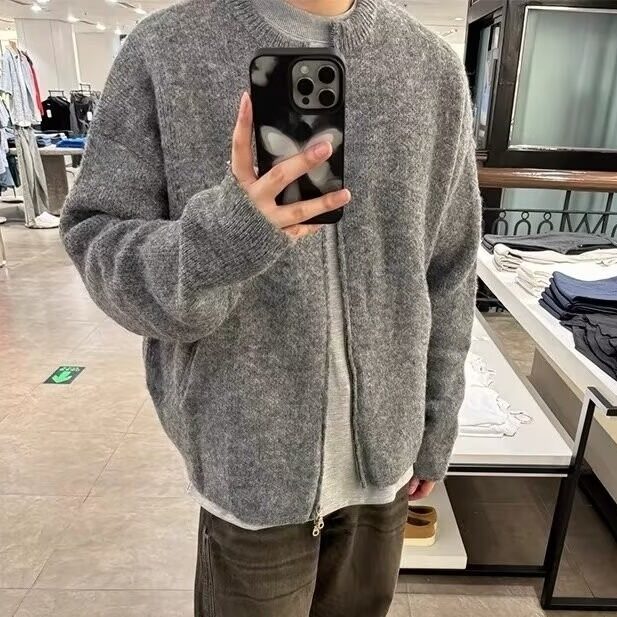 【有货】DM330-P75美式灰色针织开衫外套男慵懒风海马毛休闲毛衣,男装针织衫/毛衣,星座603-2
