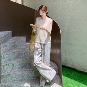 松弛感慵懒风两件套女2025夏新款休闲时尚针织背心印花阔腿裤套装图片
