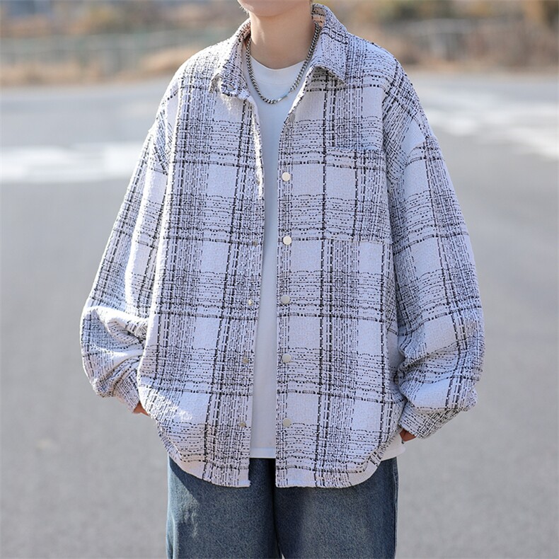 小香风翻领格子衬衫春季新款百搭宽松休闲衣外套男W8090-P65,男装衬衫,星座512-4