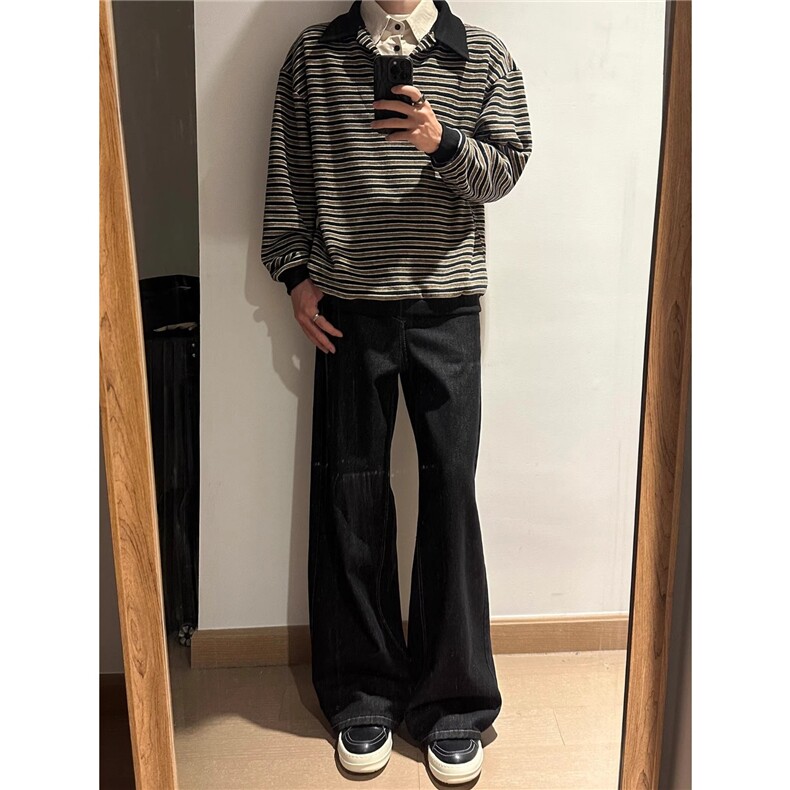 37假两件条纹翻领polo衫卫衣男秋美式复古宽松情侣休闲外套上衣,女装短外套,星座813-2