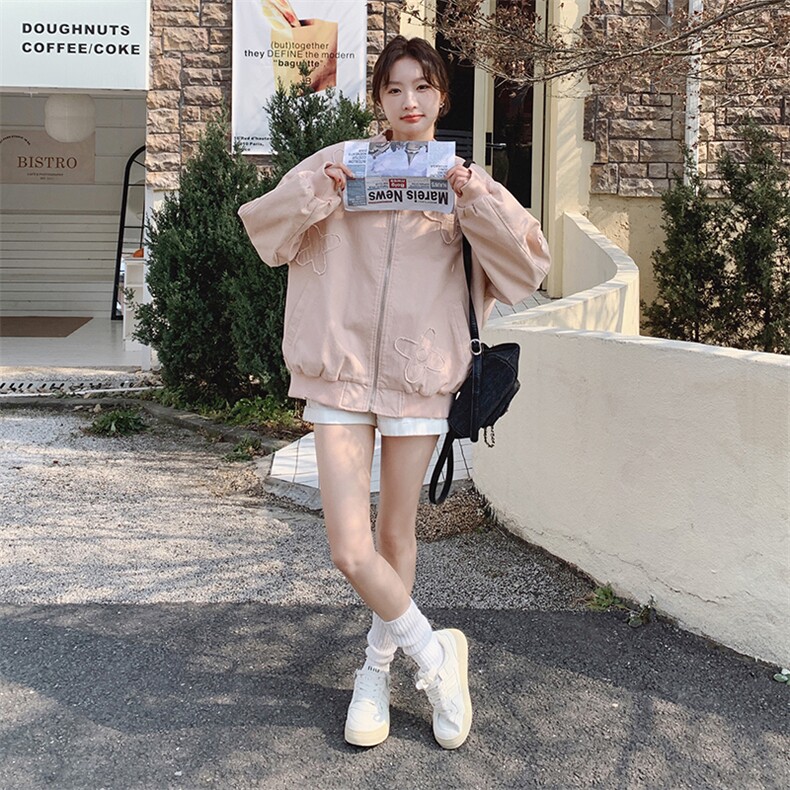 粉色立体绣花棒球服外套女秋季2025新款超火减龄休闲穿搭夹克百搭,女装短外套,2C216