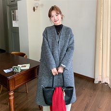 新品灰色假两件长款双面羊毛大衣1C045-H3528P295K438，女装毛呢外套，红龙果