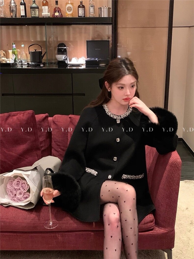 【依嘟】狐狸毛袖手工钻领女富家千金感小个子羊毛外套(配可拆卸,女装毛呢外套,依嘟服饰