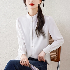 竹与鸟”白色新中式风显气质上衣女2024立领真丝衬衫衬衣，女装衬衫，梦白服饰厂
