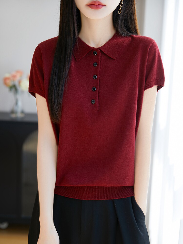 POLO翻领短袖针织T恤女2025夏薄款新款精纺薄款打底小衫t恤衫上衣,针织衫/毛衣,暖烁特种纱工厂店