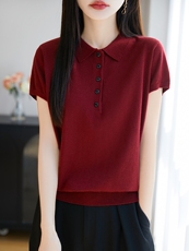 POLO翻领短袖针织T恤女2025夏薄款新款精纺薄款打底小衫t恤衫上衣，女装针织衫/毛衣，暖烁特种纱工厂店