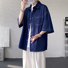 8XL-M冰丝牛仔短袖衬衫男款夏季薄款宽松慵懒衬衣外套DC28006P60，男装T恤，电商B312