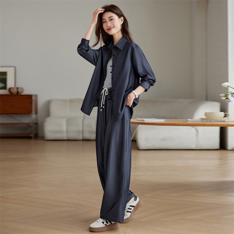 高级感牛仔衬衫阔腿裤套装三件套女2025春季漂亮超火独特叠穿腰封,女装套装/套裙,江南富贵女
