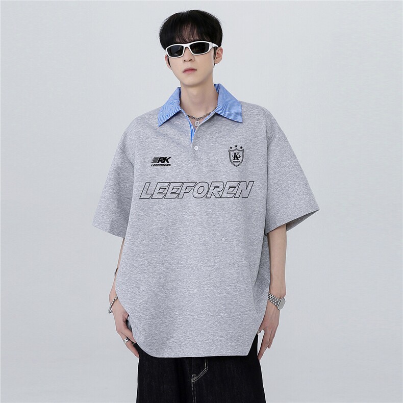 假两件POLO衫潮牌高级美式复古衬衫领拼接印花半袖T恤T276-P48,男装Polo衫,电商C307