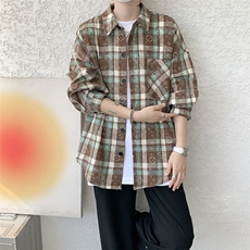 衬衫男秋季新款港风宽松大码磨毛格子扎染长袖衬衣CS507-P35，男装衬衫，星座214-3