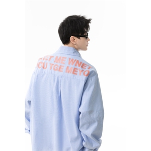 蓝色条纹印花长袖衬衫男 cp159-特p45图片