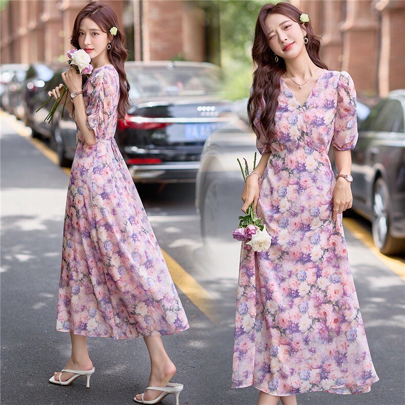 法式温柔花朵印花连衣裙女2025夏季新款气质V领收腰显瘦碎花长裙，女装连衣裙，难舍钰依