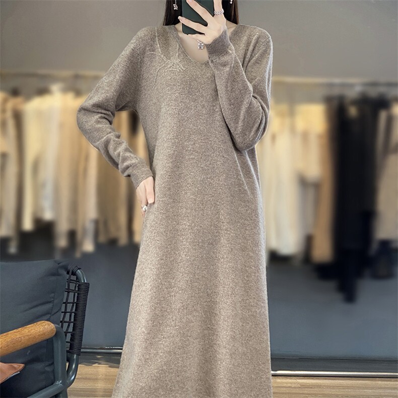 纯色V领时尚气质简约百搭潮流中长款连衣裙,女装连衣裙,江南羊绒