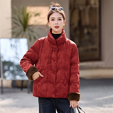 新中式G风提花短款羽绒服女2025冬季新款独特气质红色白鸭绒外套，女装羽绒服，衣之秀