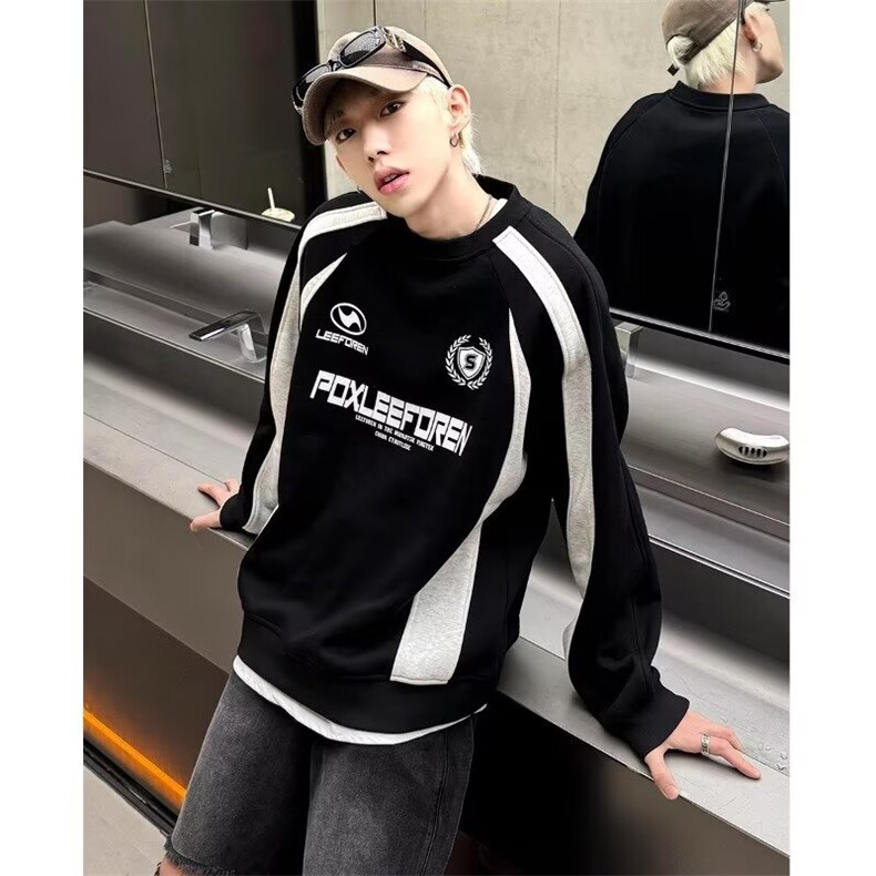 YW27-P36美式复古拼色卫衣男秋冬季圆领机车风休闲运动外套,男装T恤,电商B323A