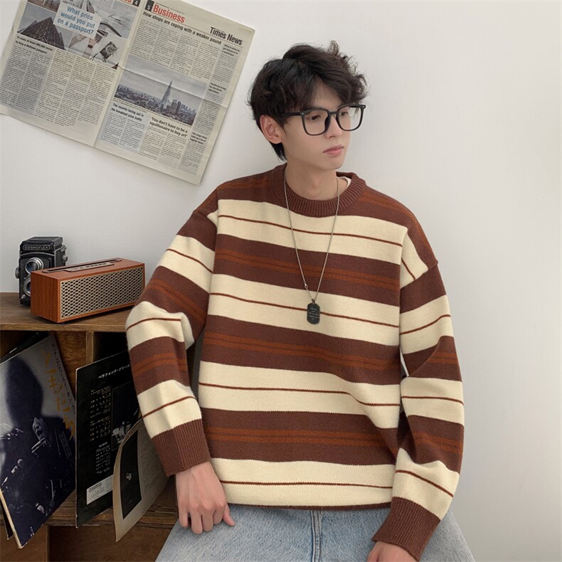 秋季新款港风vibe潮流条纹套头圆领毛衣insXZ608-M2155-P60控78,男装针织衫/毛衣,星座608(原A046)