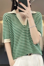 24夏季薄款精纺羊毛衫T恤女宽松POLO领条纹短袖百搭针织半袖上衣，女装T恤，忠诺羊绒