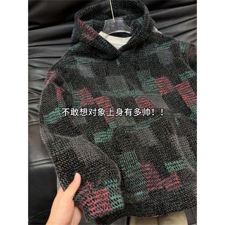 美式复古针织连帽卫衣痞帅设计感加厚重磅格子情侣外套LW2488-P65，女装短外套，星座1008