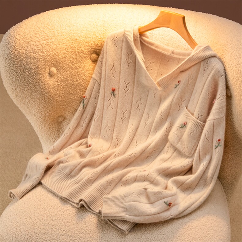 2025年春季复古彩色绣花连帽衫，女装羊毛衫，盛世绒华