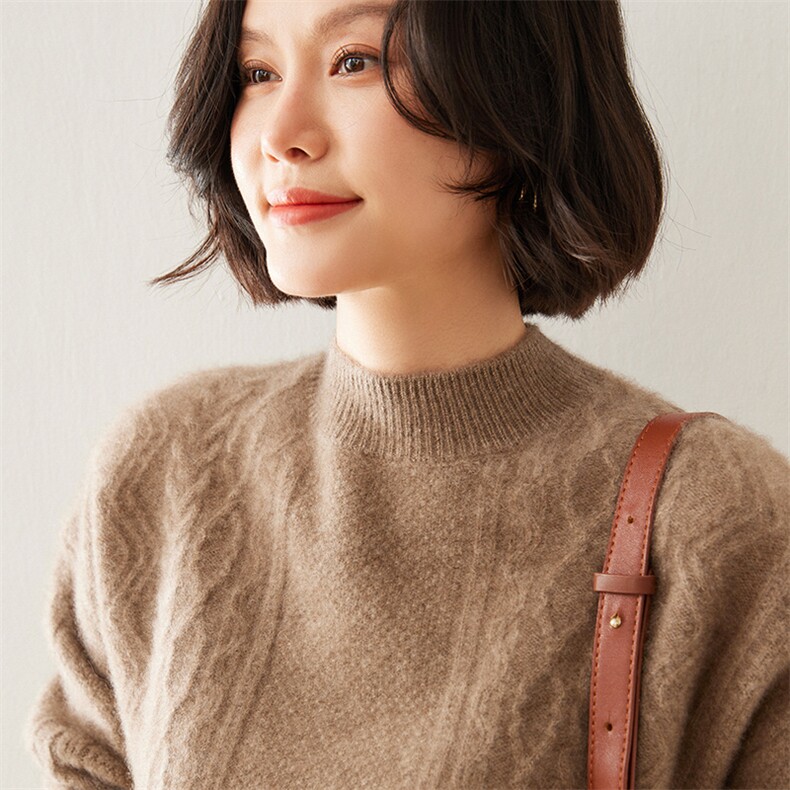 圆领秋季新款宽松洋气减龄长袖35%羊绒衫,女装羊绒衫,七柒羊绒