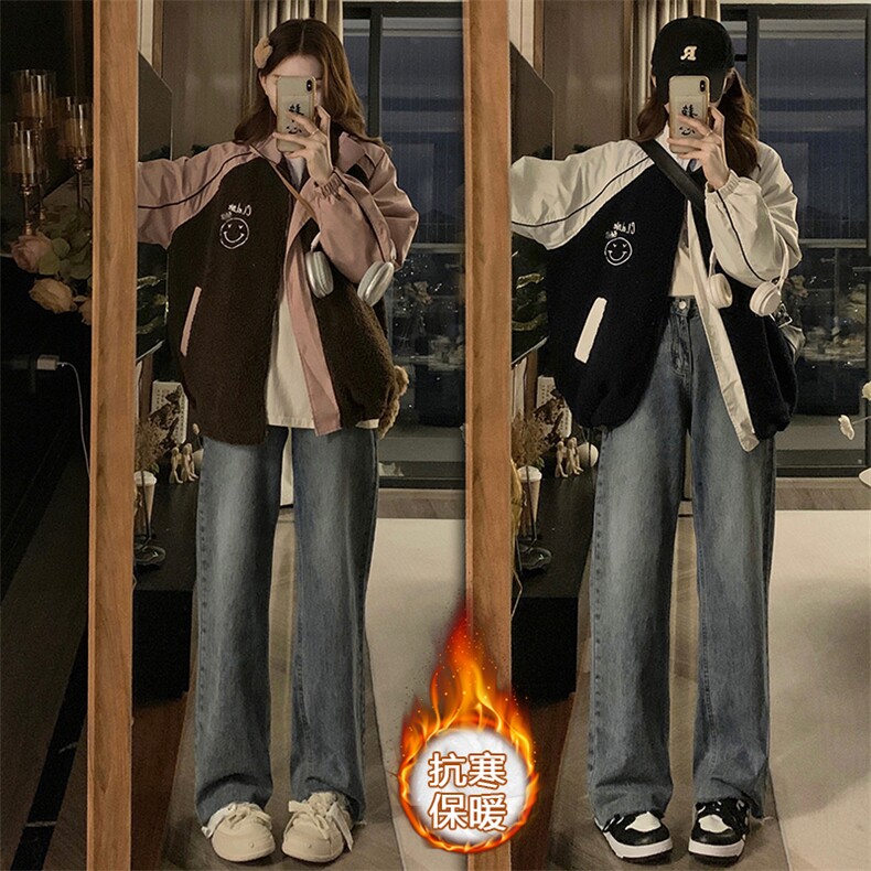 2025女秋冬季韩版立领拼色加厚羊羔毛卫衣拉链炸街棒球服C488-P90,女装职业装,星座911-2(原星座613-2）