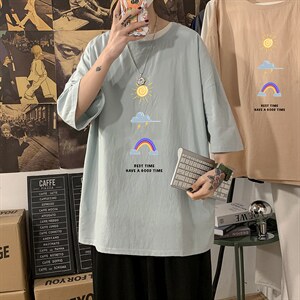 YT26141-P30亚麻短袖t恤男大码五分袖男宽松七分袖海报风,男装T恤,电商A040