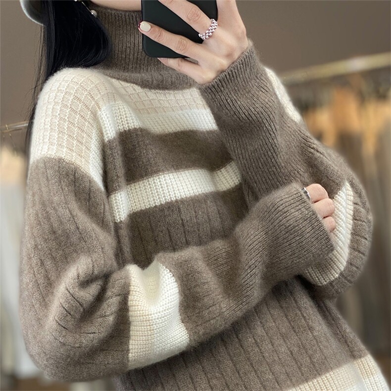 秋冬新款羊毛衫女半高领拼色加厚毛衣宽松羊绒衫针织打底衫,女装羊绒衫,琳华羊绒