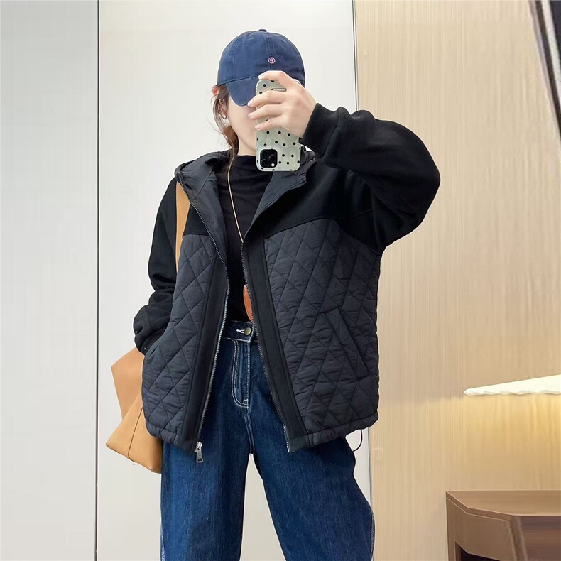 2025冬装新款修身保暖时尚菱形格个性拼接女士棉服外套,女装棉衣/棉服,江忆布依