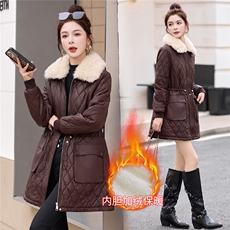 中长款加绒加厚皮衣外套女冬季时尚气质修身百搭保暖棉服，女装皮衣，吾爱衣