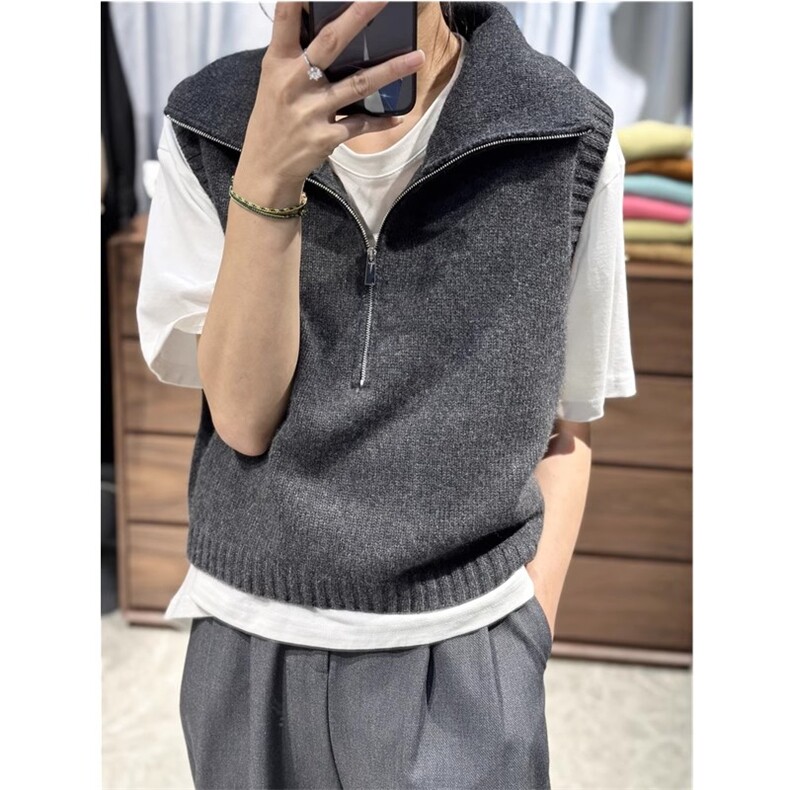 马甲秋冬新款半拉链设计坎肩背心翻领女无袖毛衣,女装马甲,丽特绒