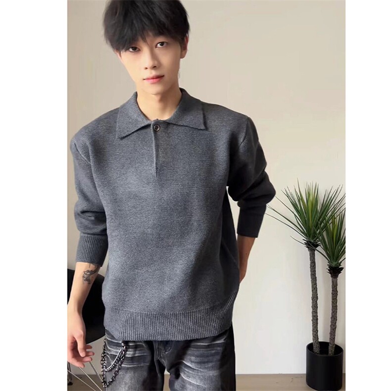 重磅秋冬北极绒亨利领毛衣开衫美式复古休闲慵懒风纯色翻领针织衫,男装针织衫/毛衣,电商A486-1