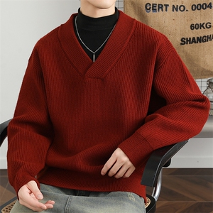 酒红色潮牌V领时尚毛衣 男士纯色粗毛线针织羊毛衫MY6616P65图片