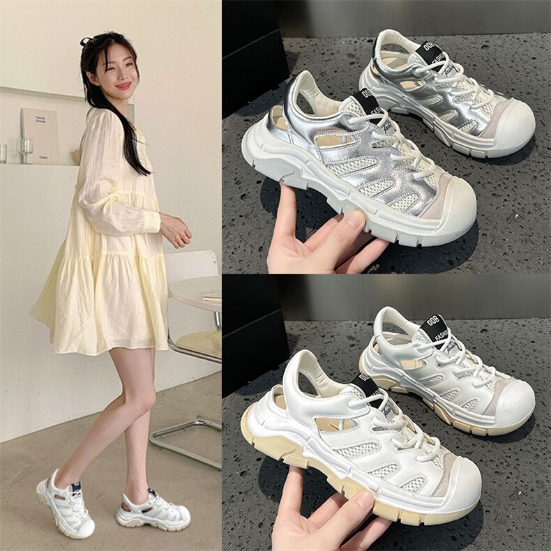 2024春夏新款厚底系带包头休闲凉鞋复古网面透气镂空大头丑萌鞋女，女鞋凉鞋，电商A223