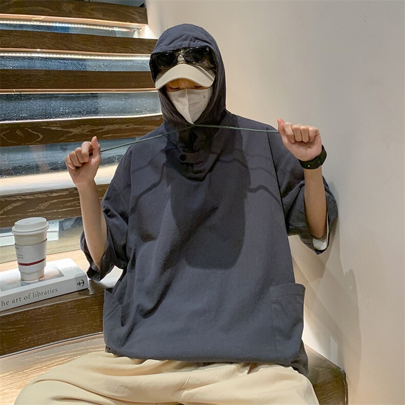 夏款男连帽T恤工装织带大口袋褶皱五分袖外套T229P38,男装T恤,星座1013-1