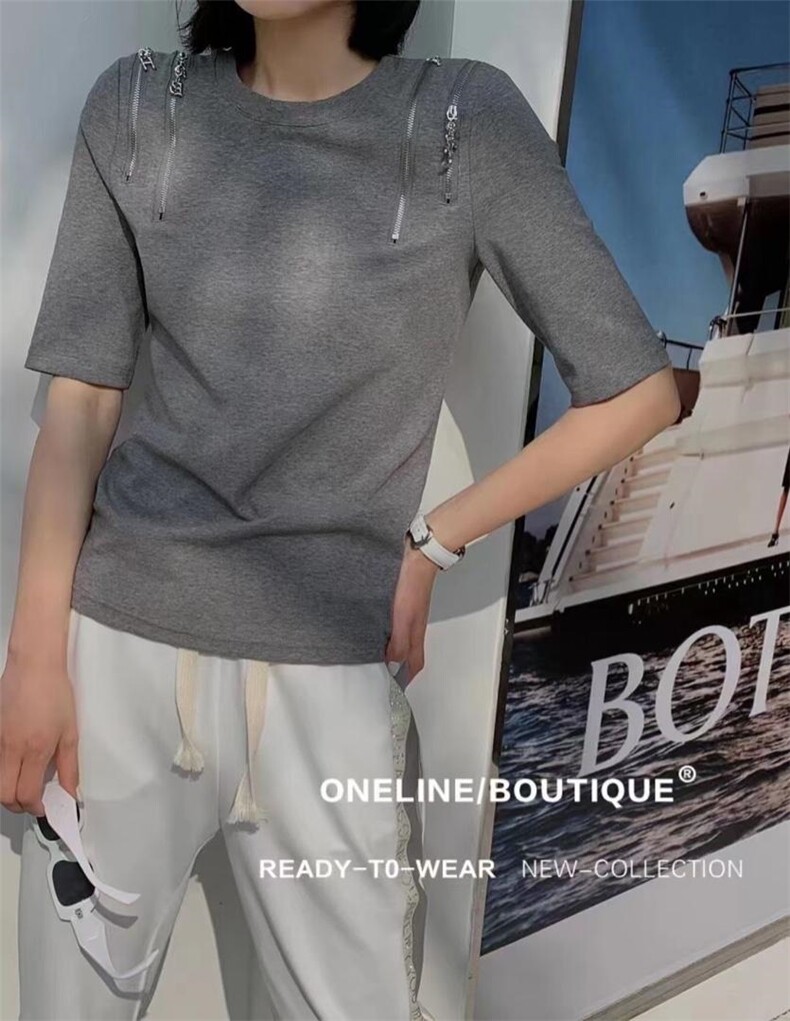 拉链修身T恤，女装T恤，斐媞梦