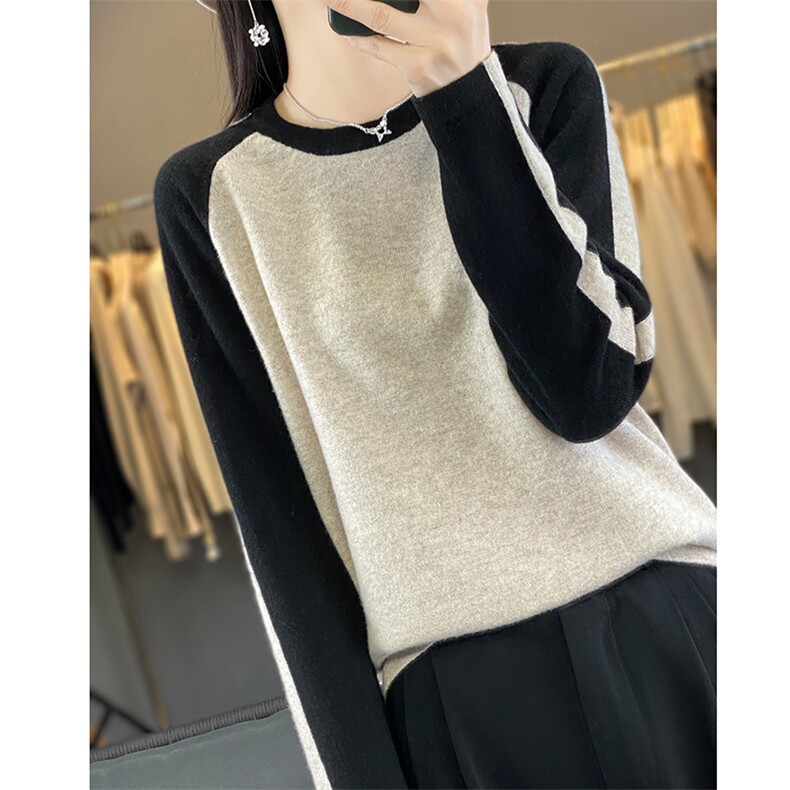 2024秋装新款简约时尚拼接套头女士针织羊毛打底上衣潮,女装羊毛衫,若菲羊绒