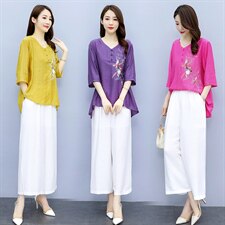 2021夏季新款简约气质圆领宽松休闲舒适时尚图案刺绣棉麻两件套，女装套装/套裙，韩宇舍