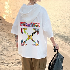 LD54169-P45连帽短袖t恤男大码胖子带帽五分袖中袖，男装T恤，电商A040