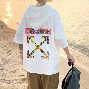LD54169-P45 连帽短袖t恤男大码胖子带帽五分袖中袖图片