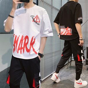 夏季短袖套装男休闲运动九分裤套装T恤宽松上衣F162P75图片