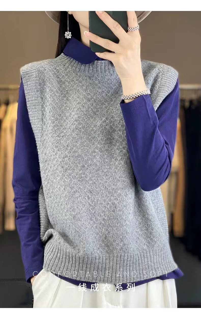 秋冬新款羊毛女圆领毛衣无袖马甲背心宽松针织外搭坎肩,女装马甲,伟泽羊绒