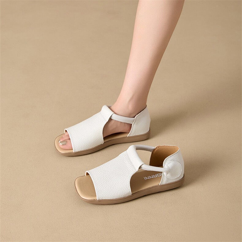 头层牛皮平底方头凉鞋女韩版魔术贴休闲凉鞋女，女鞋凉鞋，电商A223