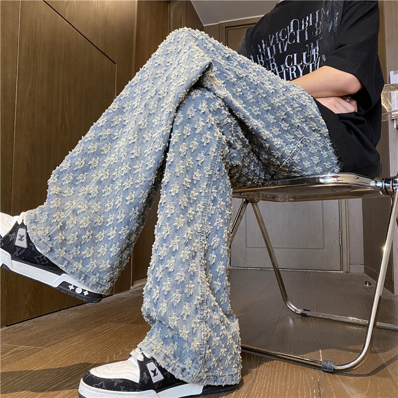 夏季新款美式高街提花满印直筒拖地牛仔裤B315-K24159-p60控78，男装牛仔裤，电商B315