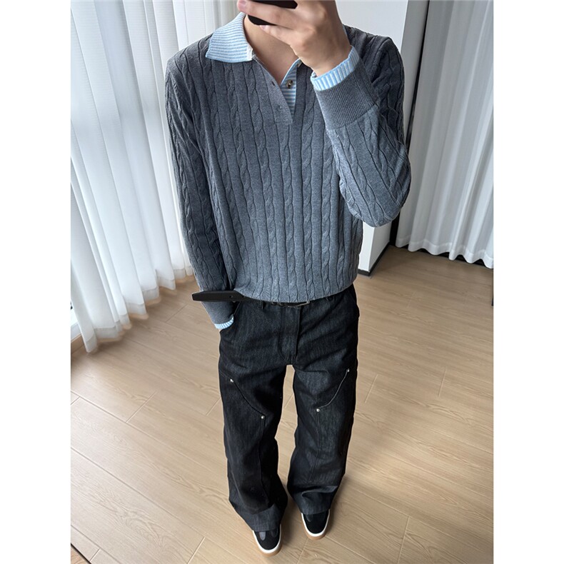 老钱风假两件polo领毛衣针织衫W1838/特P56,男装针织衫/毛衣,电商B350