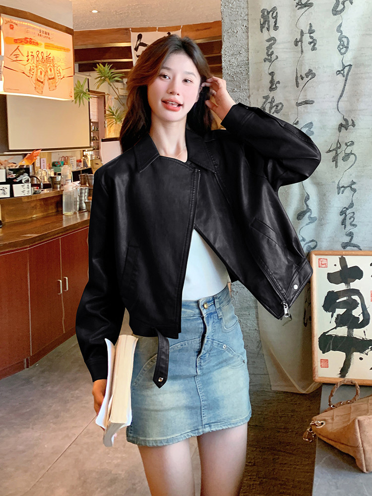 美拉德酷飒拽姐PU皮机车夹克女2025春新款港风复古小个子翻领外套,女装皮衣,慧峰