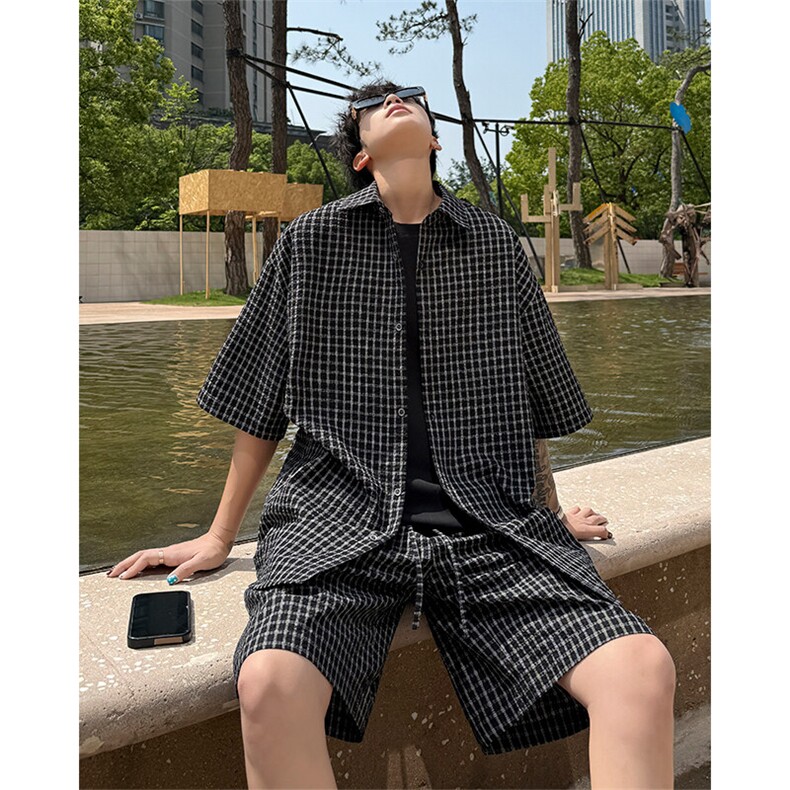 格子套装5XZ1048-TP70118日系休闲百搭短袖衬衫中裤一整套,男装衬衫,电商A102