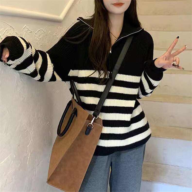 新款慵懒风秋冬保暖条纹半拉链打底衫时尚百搭显瘦长袖针织衫,针织衫/毛衣,萱芳婷羊绒